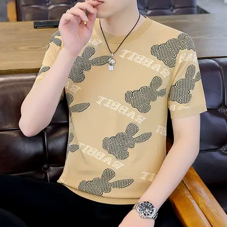 潮牌高端烫钻冰丝t恤男士针织衫短袖夏季ins网红冰麻凉感体恤半袖商品大图