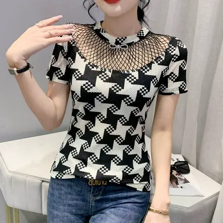 女装2023新款性感镂空t恤短袖潮流印花网纱上衣紧身洋气小衫半袖商品大图