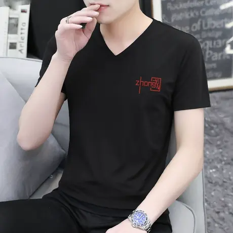 莫代尔夏季t恤男短袖V领黑色上衣服冰丝半袖中国潮流体恤打底衫男商品大图