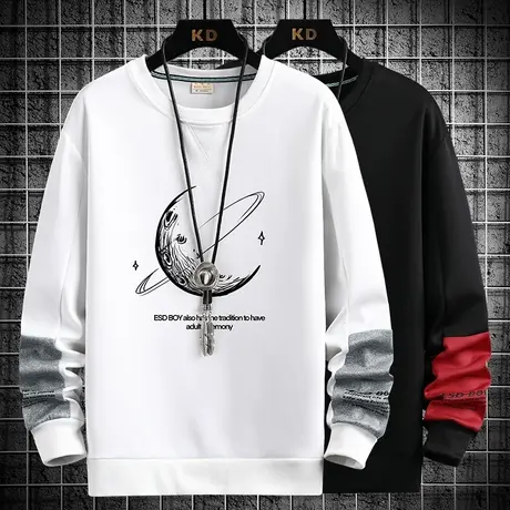 长袖t恤男士春秋季新款休闲宽松白色体恤青少年潮牌印花圆领卫衣商品大图