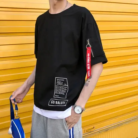 2024夏季新款假两件T恤男士休闲圆领短袖织带半截袖青少年宽松潮t商品大图