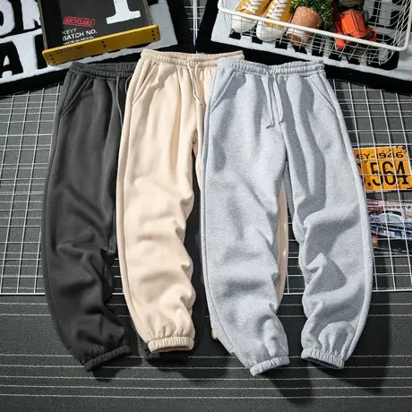 加绒加厚春秋季休闲卫裤男美式纯色宽松潮牌直筒束脚裤子运动长裤图片