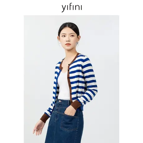 Yifini/易菲条纹毛织外套女春秋新款百搭外套通勤针织开衫图片