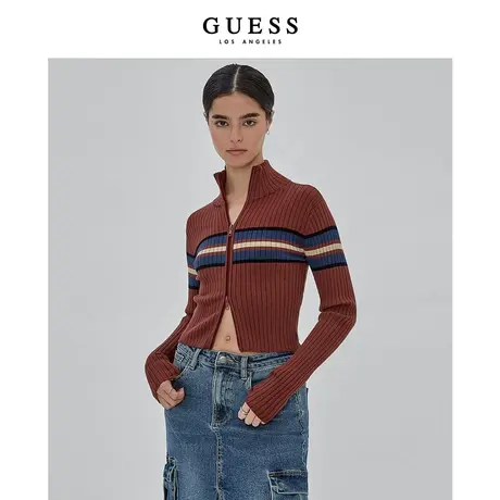 GUESS女士复古撞色条纹修身翻领针织衫-W4RR42Z2YK2商品大图