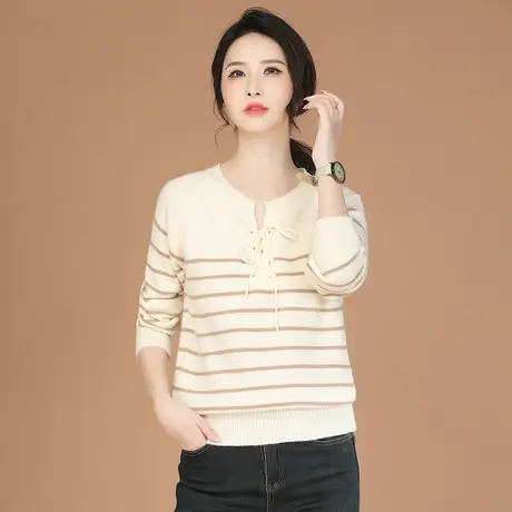 韩潮袭人圆领条纹打底毛衣女套头宽松休闲针织上衣厚图片