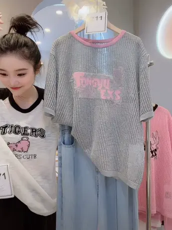 欧洲站短袖冰丝针织衫女夏2023新款镂空透气宽松百搭时尚圆领上衣图片