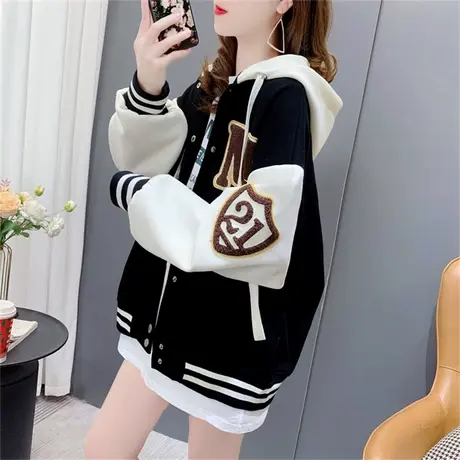 拼色连帽棒球服卫衣开衫女2023年新款春季宽松慵懒学院风休闲外套商品大图