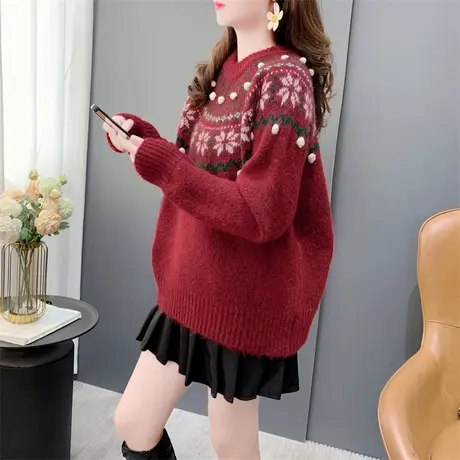 圣诞红色雪花复古圆领毛衣女2023年新款秋冬宽松加厚软糯针织上衣商品大图