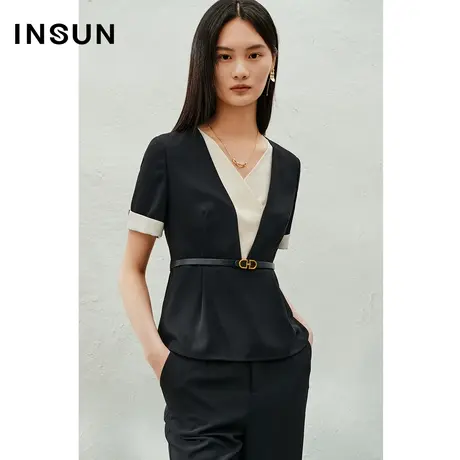 INSUN恩裳专选夏季麻面撞色拼接不易皱衬衫商品大图