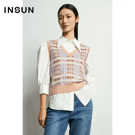 INSUN恩裳线上专选秋季格子条纹V领修身针织衫图片