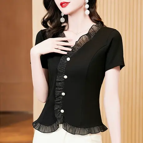 欧货网纱拼接短袖t恤女2024新款性感V领收腰小衫洋气荷叶边上衣潮商品大图