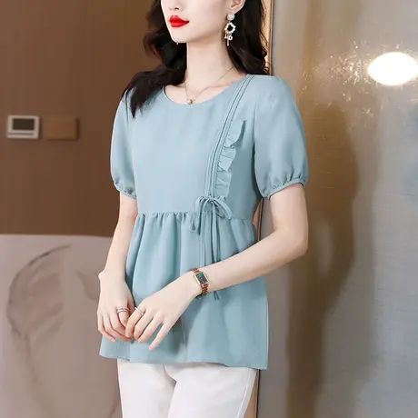 夏季短袖雪纺衫女2023夏装新款宽松洋气遮肚子显瘦女上衣减龄小衫图片
