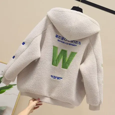 2023冬季新款连帽羊羔毛外套女小个子ins潮宽松字母皮毛一体上衣商品大图