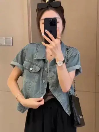 短款薄款短袖牛仔衬衫外套女2023夏季新款小个子爆款休闲小众上衣商品大图