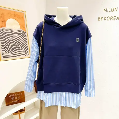 2023秋季时髦小众设计感上衣显瘦遮胯韩版连帽马甲拼长袖衬衫欧货图片