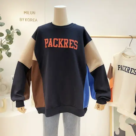 小众上衣2021秋冬款韩国东大门美式复古字母拼接宽松休闲卫衣欧货商品大图