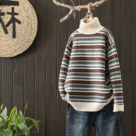 枫谜20年冬季新款文艺复古拼色针织高领毛衣女宽松休闲保暖针织衫图片