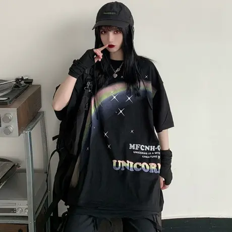 网红ins超火短袖t恤女宽松韩版学生bf慵懒风百搭chic港味上衣服潮图片