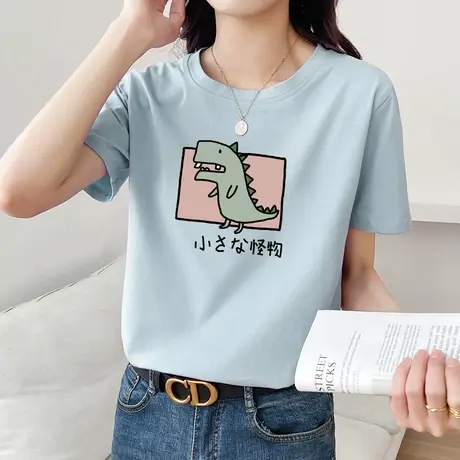 蓝色纯棉宽松短袖小怪兽T恤女ins潮夏季2022年新款内搭休闲上衣潮图片