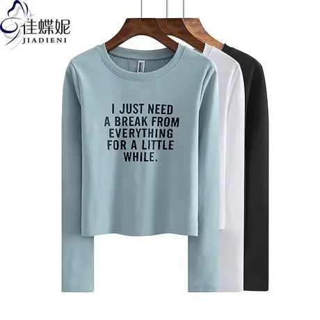 秋季新款圆领修身显瘦短款纯欲纯棉辣妹印花长袖体恤上衣女打底衫商品大图