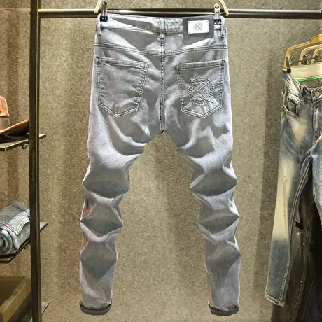 灰色潮牌时尚烫印牛仔裤男款欧洲站高端休闲长裤夏季修身小脚裤薄商品大图