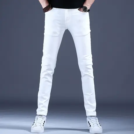 2023男士白色牛仔裤男款时尚精致修身小脚裤子男秋冬潮流潮牌休闲图片