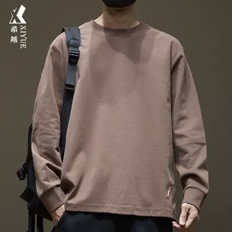 希越精梳棉重磅纯色单衣男基础款长袖T恤春秋宽松大码内搭打底衫商品大图