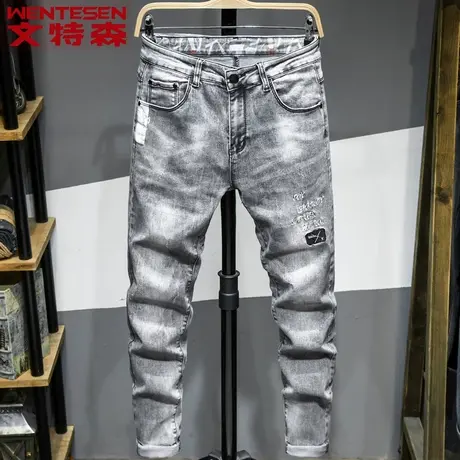 文特森牛仔裤男2023秋冬新款潮牌韩版修身休闲裤男装牛仔长裤子男商品大图