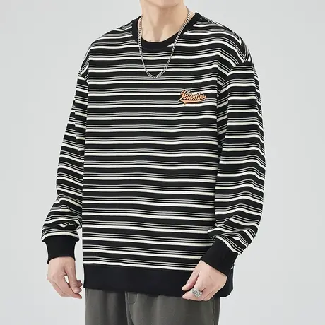 男装高端条纹撞色春季长袖上衣服春秋款男士美式高街圆领卫衣春天商品大图