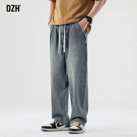 男士松紧腰直筒牛仔裤男2023年新款宽松裤子美式高街男裤休闲长裤商品大图