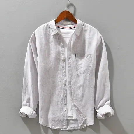 棉麻衬衫男长袖春季新款宽松百搭纯色翻领蓝色衬衣男士休闲外套潮商品大图