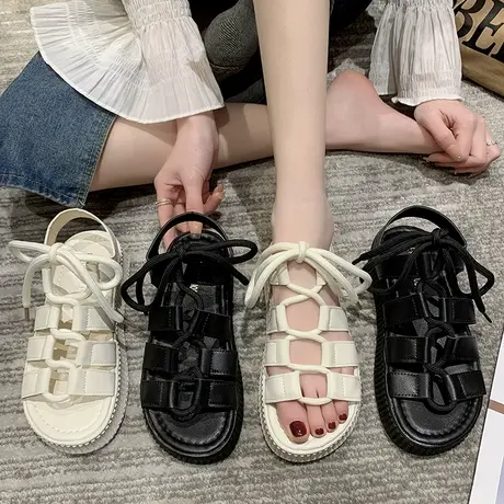 黑色编织厚底凉鞋女款夏季2023年新款网红爆款防滑时尚平底罗马鞋图片