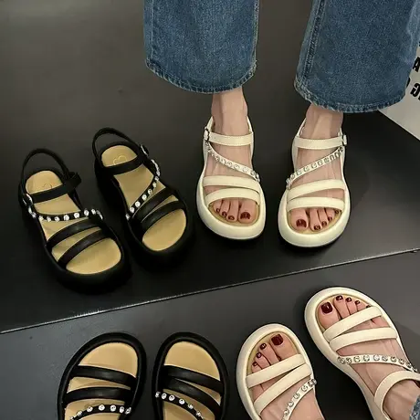 女士凉鞋2024年新款夏季女鞋时尚百搭水钻松糕厚底法式一字沙滩鞋商品大图