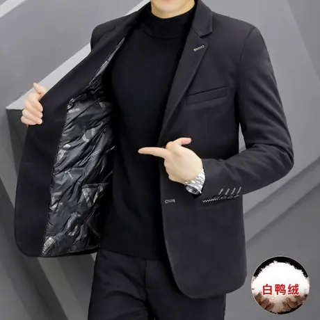 羽绒西装男士冬季时尚潮流商务休闲正装加厚保暖白鸭绒小西服外套图片