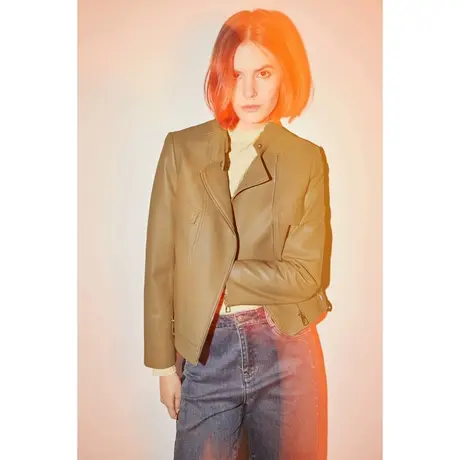 COVER秋季绵羊皮斜门襟机车短款皮衣图片