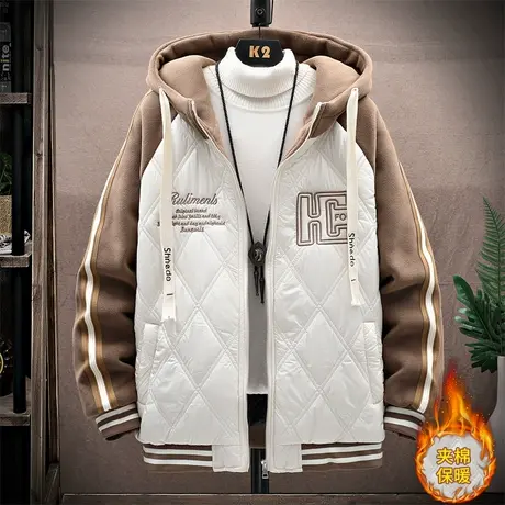 秋冬季男孩加棉加厚连帽棉衣青少年帅气拼接二棉夹克大童保暖棉服图片