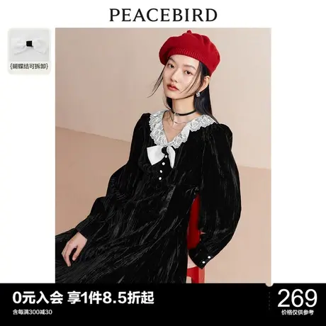 太平鸟短款丝绒连衣裙秋冬新款法式蝴蝶结心机气质黑色连衣裙图片