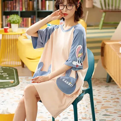 北极绒睡裙女2021年新款短袖大码孕妇春家居服纯棉睡衣女夏季薄款商品大图