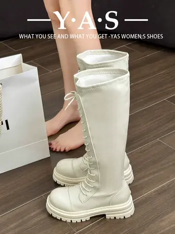长筒靴女2023新款秋冬瘦瘦高筒厚底长靴白色加绒小个子骑士靴子鞋图片