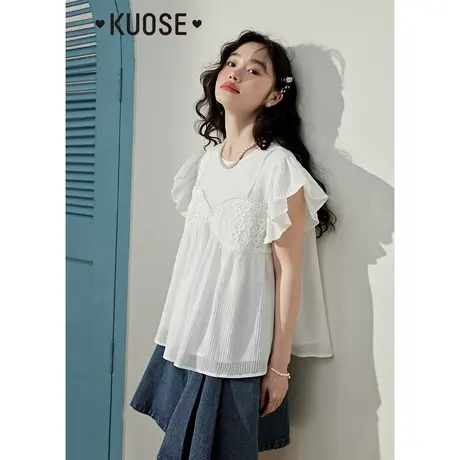 阔色假两件荷叶袖衬衣女2023新款夏季拼接吊带娃娃衬衫宽松上衣商品大图