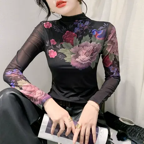 加绒秋冬2024新款网纱定位印花T恤女气质内塔上衣修身长袖打底衫商品大图