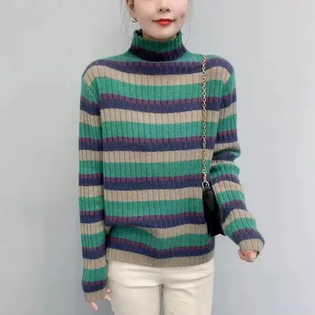 高领套头条纹拼色毛衣女秋冬新款显瘦长袖内搭打底针织衫上衣图片