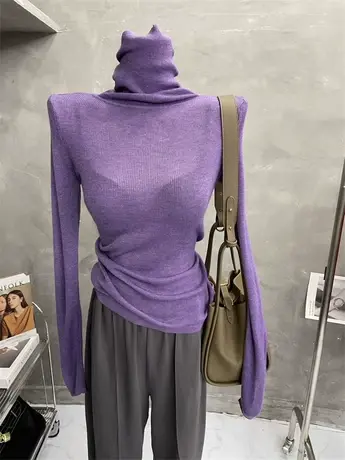 柔软细腻！韩版高领打底衫女微透薄款修身针织衫长袖毛衣秋冬内搭商品大图