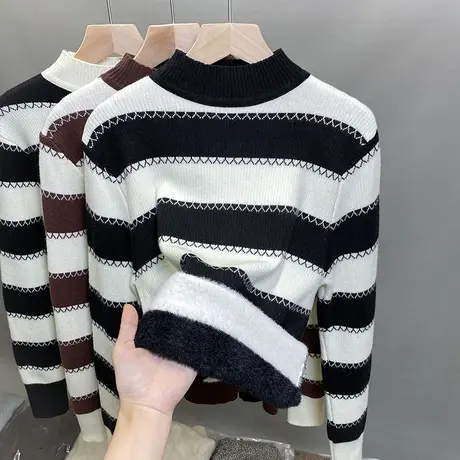 一体绒半高领毛衣女加绒厚打底衫2023秋冬新款条纹针织衫内搭上衣商品大图