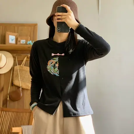 dza 复古国风半边刺绣盘扣长袖T恤女春秋外穿打底衫宽松显瘦上衣图片
