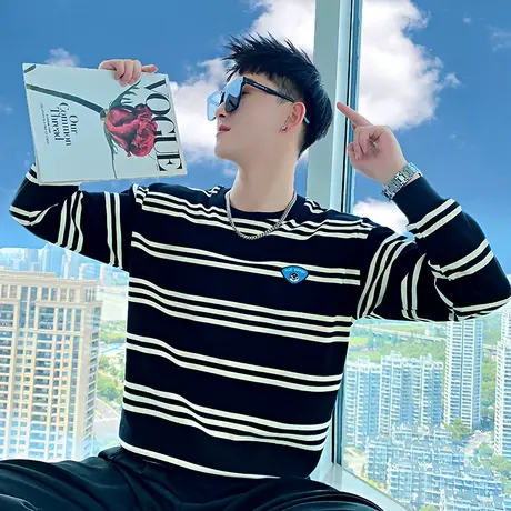 春秋季条纹高级感套头卫衣男小众ins复古小众休闲长袖t恤打底上衣商品大图