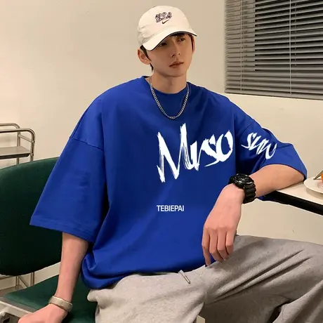 纯棉短袖t恤男夏季2023新款潮牌字母港风宽松打底衫圆领半袖体恤商品大图