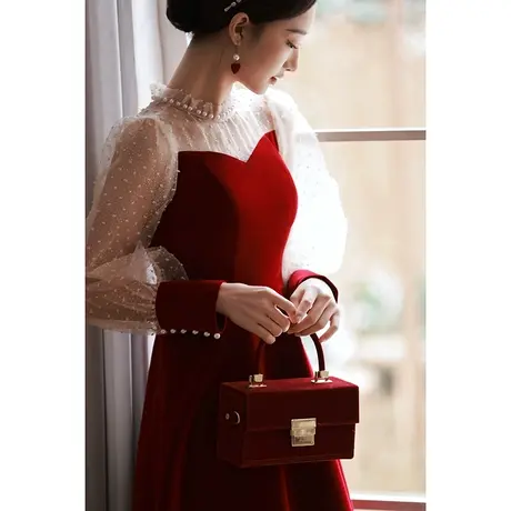 敬酒服新娘2023新款冬季小个子酒红色订婚礼服连衣裙法式平时可穿商品大图