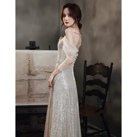 香槟色主持人年会晚礼服女2023新款长袖名媛连衣裙平时可穿小礼服图片