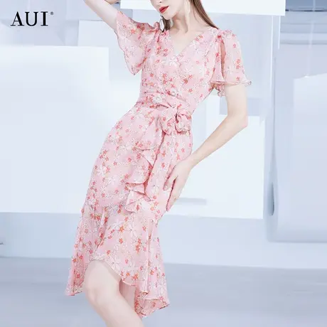 AUI法式不规则雪纺连衣裙女夏2023新款轻熟风气质女神范荷叶边裙图片